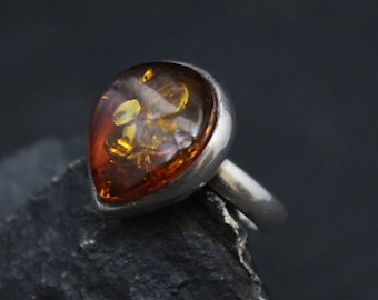 AS IS Sterling Silver Modern Amber Ring, Sterling Silver Amber Teardrop Ring, Simple Amber Ring, Minimalist Amber, Sterling Amber Jewelry