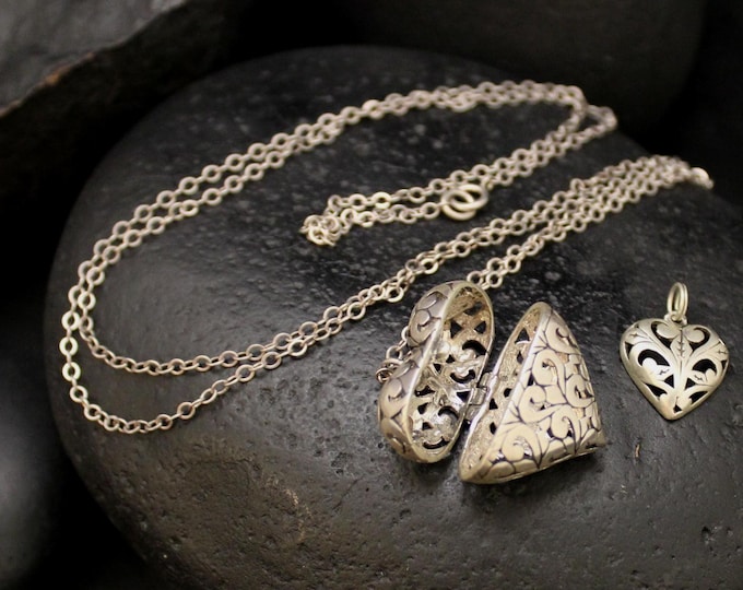 Vintage Jezlaine Sterling Silver Heart Box Pendant & Charm Necklace Set, VTG 925 Filigree Heart Locket With Hidden Charm, 30 Inches Long