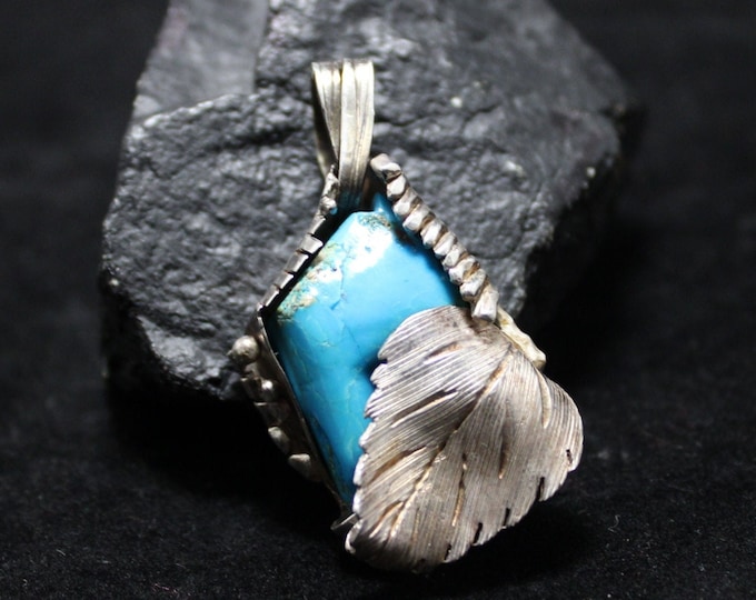 Sterling Silver Turquoise Leaf Pendant, Nature Pendant, Taxco, Mexico Pendant, 925 Blue Turquoise