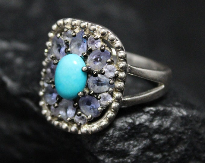 Sterling Silver Faux Turquoise Lavender CZ Halo Cocktail Ring Size 7, Sterling Silver Turquoise Ring, Purple and Turquoise Silver Ring