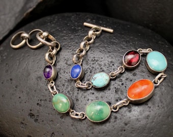 Vintage Navajo Artist Signed Sterling Silver Multigem Bracelet, VTG 925 Nakai Sterling Native American Gemstone Link Bracelet, Western Boho
