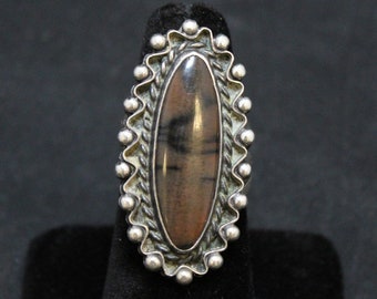 Sterling Silver Brown Agate Beaded Edge Ring, Brown Agate with Black Accents Ring, Two Color Agate Sterling Silver Ring, Large Agate Ring