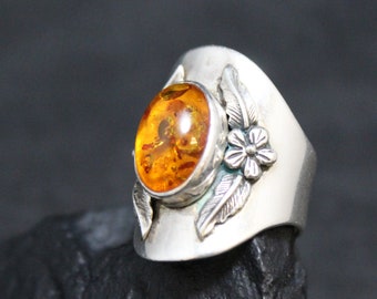 Designer Carol Felley Sterling Silver Flower Wide Band Ring with Amber