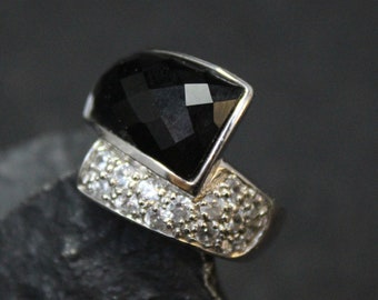 Sterling Silver Faceted Onyx and CZ Gemstone Cocktail Ring, Sterling Silver Onyx Ring, Black and White Ring, Sterling Cocktail Ring