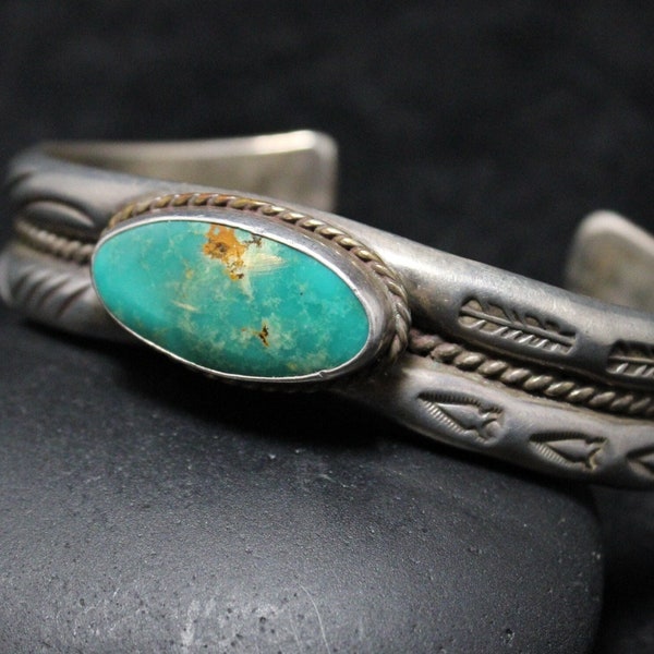 Sterling Silver Signed AJ Platero Turquoise Stamped Heavy Cuff Bracelet, Jewelry, Vintage Natural Turquoise Cuff Bracelet