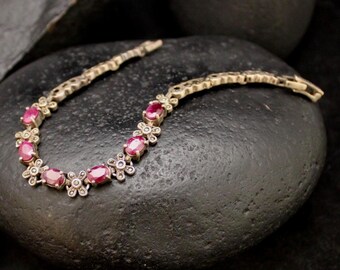 Vintage Sterling Silver Red Stone Ornate Bracelet, VTG 925 Art Nouveau Gemstone Bracelet With Foldover Clasp, Unique Silver Multigem Jewelry