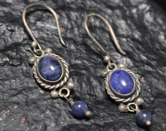 Sterling Silver Lapis Lazuli Dangle Earrings with Rope Boarder, Sterling Lapis Jewelry, Lapis Earrings, Boho Lapis Earrings, Denim Blue Gem