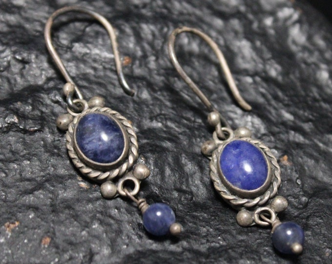 Sterling Silver Lapis Lazuli Dangle Earrings with Rope Boarder, Sterling Lapis Jewelry, Lapis Earrings, Boho Lapis Earrings, Denim Blue Gem