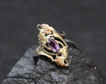 Sterling Silver Yellow and Rose Gold Plated Leaves Ring with Marquise Amethyst
