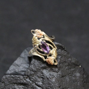 Sterling Silver Yellow and Rose Gold Plated Leaves Ring with Marquise Amethyst