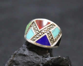 Sterling Silver Multistone Inlay Ring with Accent Marcasites