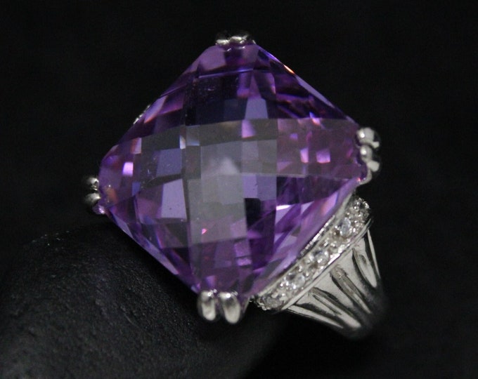 Sterling Silver Purple Checkerboard CZ Cocktail Ring Size 9, Purple Gemstone Jewelry, Purple Silver Ring, Gemstone Cocktail Ring, Vegas Ring