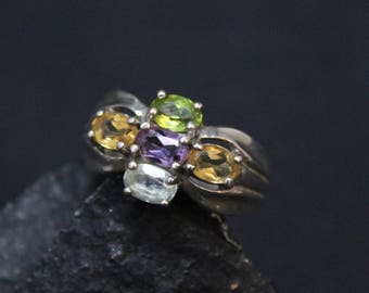 Sterling Silver Multistone Cluster Ring, Sterling Multigem Ring, Sterling Citrine Ring, Sterling Peridot Ring, Sterling Amethyst Ring
