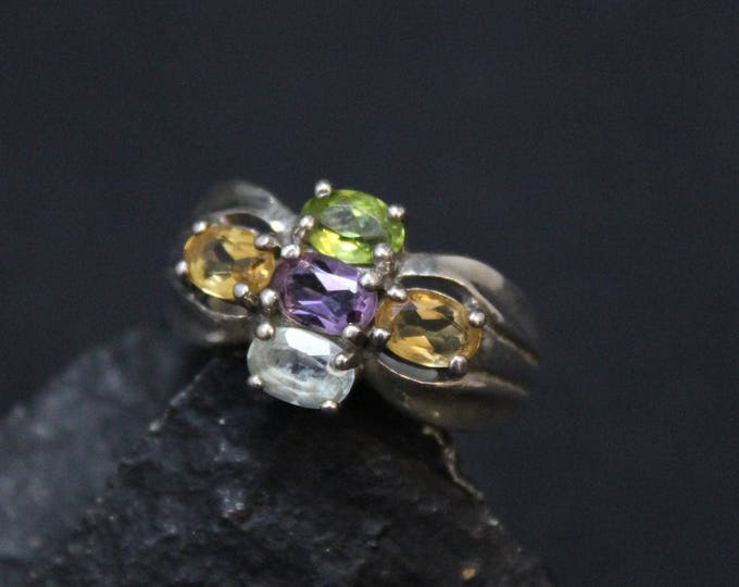 Sterling Silver Multistone Cluster Ring, Sterling Multigem Ring, Sterling Citrine Ring, Sterling Peridot Ring, Sterling Amethyst Ring