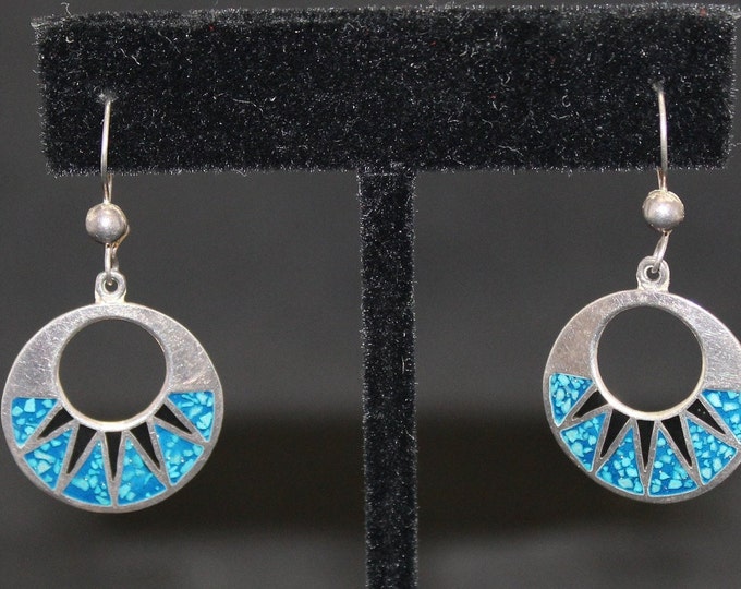Turquoise Mosaic Inlay Earrings, Sterling Silver Turquoise Inlay Earrings, Turquoise Chip Inlay Silver Mexican Earrings,