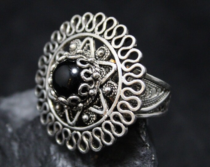 Sterling Silver Onyx Filigree Boho Ring, Black Onyx Jewelry, Bohemian Ring, Vintage Mexico Sterling, Bold Onyx Silver Ring, Turkey Silver