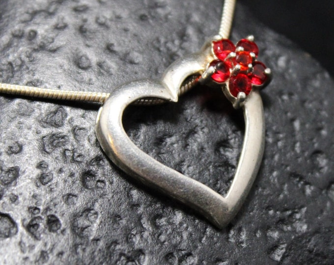 Minimalist Sterling Floating Heart Vintage Pendant With Red CZ, Adorable Valentine's Day Gift, Sterling Silver and CZ Jewelry, Heart Jewelry