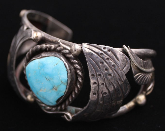 Turquoise Cuff Sterling Bracelet, Vintage 925 Silver Open Cuff With Natural Blue Turquoise