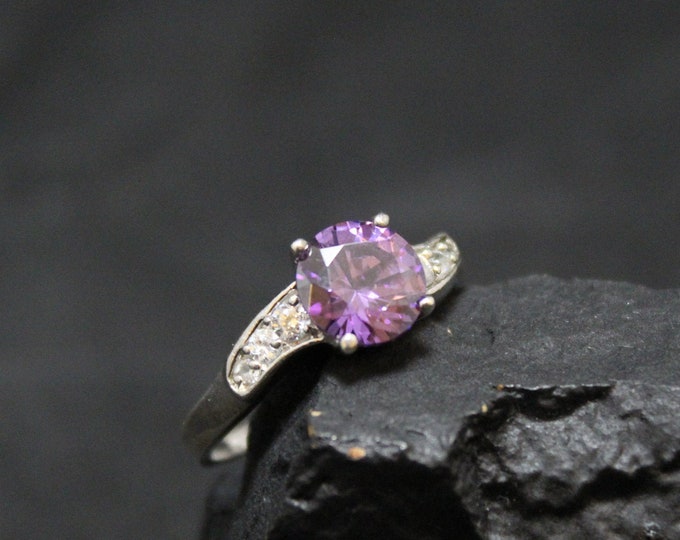 Sterling Silver Amethyst Statement Ring with Triple CZ Accent