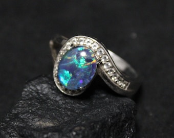 Sterling Silver Opal Triplet and CZ Accented Halo Ring Size 9, Sterling Opal Bypass Ring, Modernist Opal, Opal Jewelry, October Birthstone