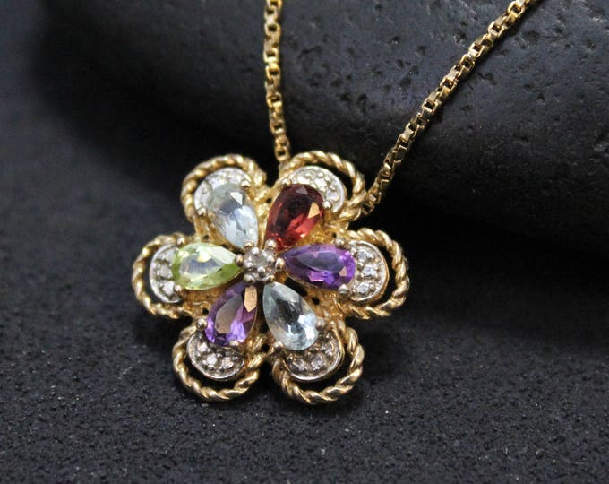 Sterling Silver Gold Overlay Gemstone Flower Necklace, Gold Flower Necklace, Rainbow Gemstone Flower, Multigem Jewelry, Sterling Multigem