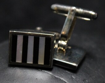 Sterling Silver Striped Cuff Links With Mother Of Pearl and Onyx Inlay, Vintage Silver Cuff Links, Antique Cuff Links, Silver Guy Gift