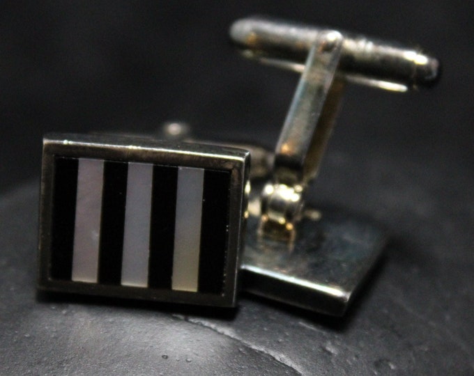 Sterling Silver Striped Cuff Links With Mother Of Pearl and Onyx Inlay, Vintage Silver Cuff Links, Antique Cuff Links, Silver Guy Gift