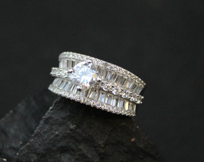 Sterling Silver Baguette CZ Solitaire Statement Ring, Sterling Bling Ring, Sterling Silver Baguette Ring, Sterling Fake Diamond Ring