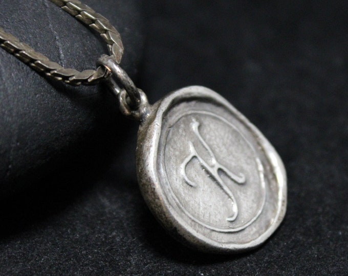 Sterling Silver Wax Seal Necklace with Initial K, K Name Necklace, K Necklace, Sterling K Jewelry, K Initial Necklace, Long Necklace