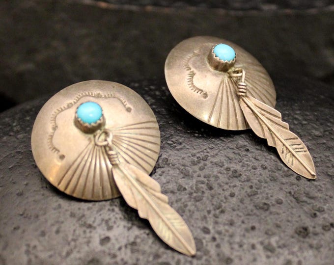 Vintage Sterling Silver Blue Stone Southwestern Feather Dangle Earrings, VTG 925 Engraved Circle Boho Drop Earrings With Gemstones