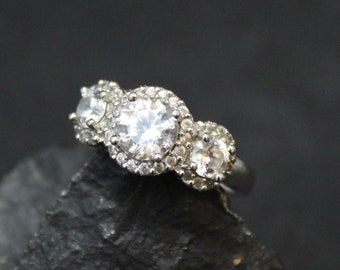 Sterling Silver Three Stone CZ Halo Ring, Sterling Silver CZ Engagement Ring, CZ Halo Ring, Sterling Silver Halo Ring, Fake Diamond Ring