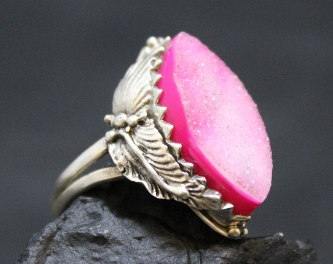 Sterling Silver Pink and White Druzy Gemstone Ring with Decorative Floral Sides