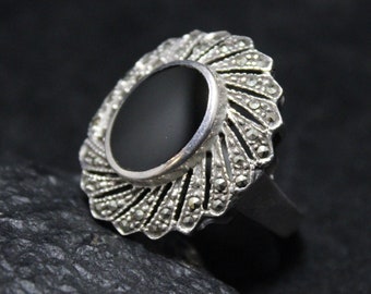 Sterling Silver Art Deco Onyx and Marcasite Cocktail Ring Size 9, Sterling Silver Onyx Ring, Onyx Jewelry, Art Deco, Onyx Cocktail Ring