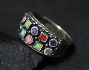 Vintage Colored Stone Sterling Ring, Turquoise Sterling Silver Band, Unique Geometric Silver Band, Multi Colored Turquoise Ring, Art Deco