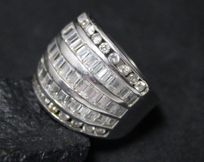 Sterling Silver Wide 5 Row Channel Set Baguette and Round CZ Modernist Band Ring Size 8, Bold Sterling CZ Ring, Modernist Sterling Jewelry