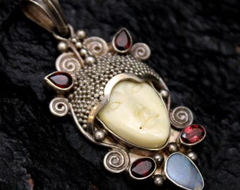 VTG 925 Carved Gemstone Sajen Moon Goddess Pendant, Vintage Sterling Silver Multi Gem Face Pendant, Art Nouveau Art Deco Style