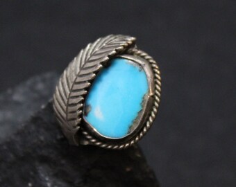 Sterling Silver American Turquoise Ring with Leaf Accent, Turquoise Ring, Silver Leaf Ring, Turquoise Ring