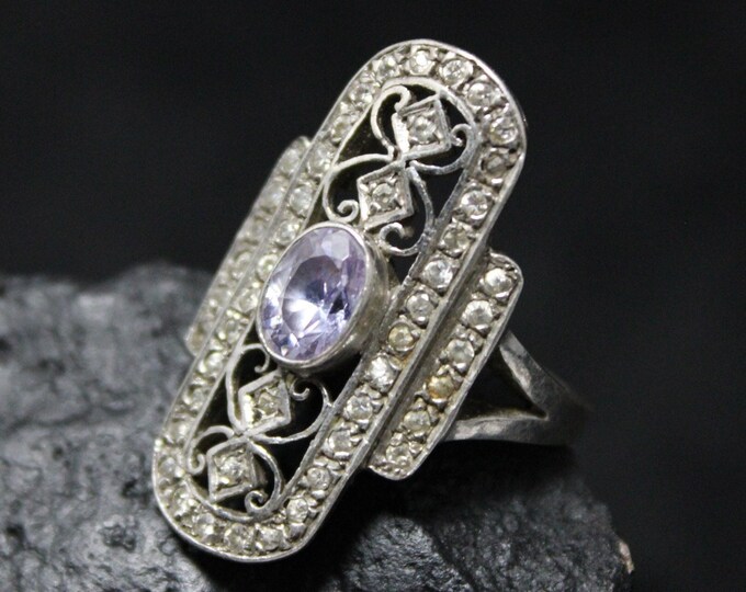 Sterling Silver Art Deco Purple Lavender CZ Cocktail Ring, Long Sterling Statement Ring, Vintage Silver Ring, Right Hand Ring, Long Ring