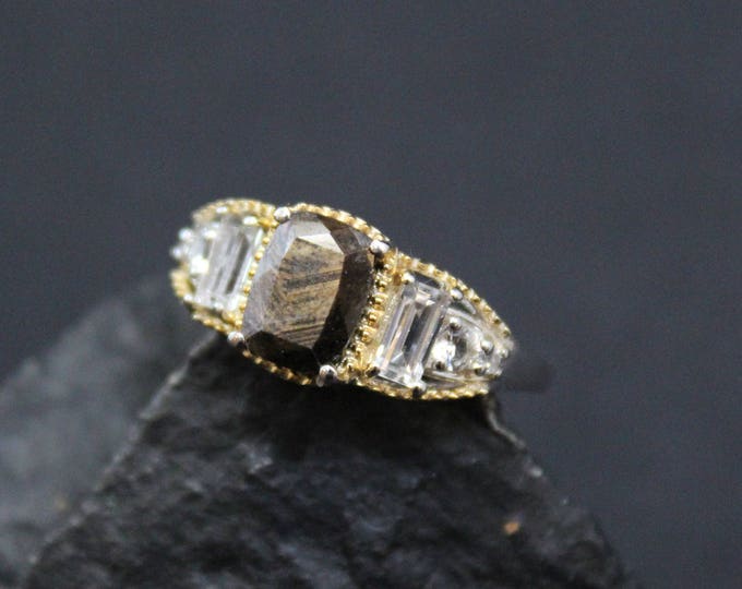 Sterling Silver Two Tone Brown Gemstone Ring, Emerald Cut CZ Ring, Gold and Silver Gemstone Ring, Brown Gem Ring, Chatoyant Gemstone