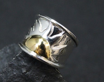 Sterling Silver Wide Boho Sun Ring, Sterling Silver Sun Ring, Cigar Band Ring, Wide Sterling Ring, Sterling Sun Ring, Two Tone Ring