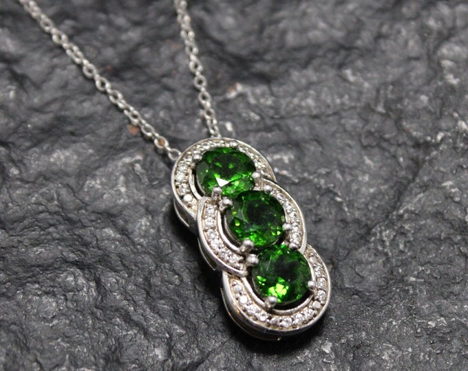 Sterling Silver Three Stone Green CZ Pendant With Halo, Halo Pendant, Green Gem Pendant with Halo, Three Stone Necklace Fake Diamond