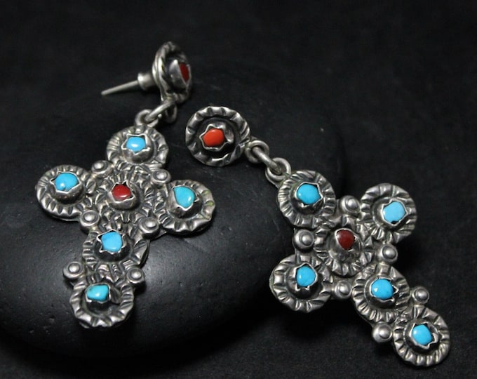 Sterling Silver Matl Poulat Style Taxco Turquoise and Coral Cross Earrings, Turquoise Taxco Earrings, Coral and Turquoise Dangle Earrings,