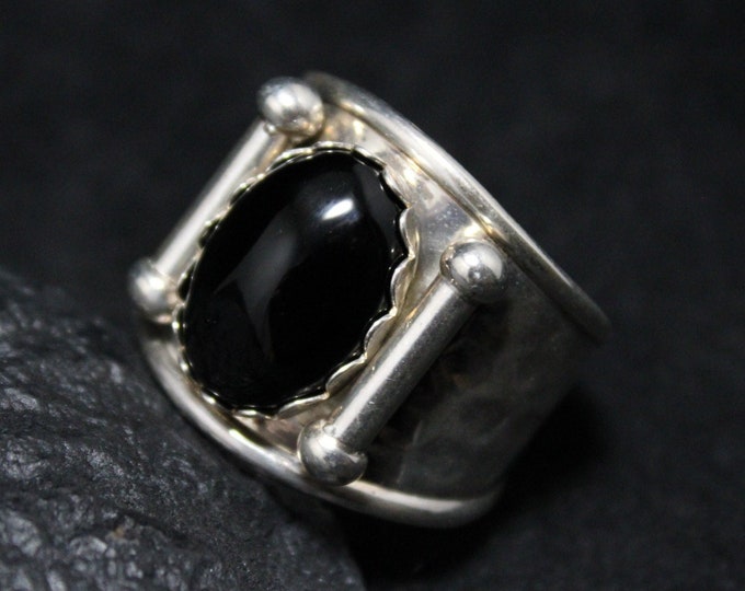 Sterling Silver Onyx Italy Vior Wide Cigar Band Ring Size 7, Wide Sterling Onyx Band, Silver Boho Ring, Wide Onyx Ring, Open Shank Ring