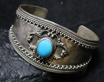 Ornate Sterling Silver Turquoise Cuff Bracelet, Antique Silver Granulation, Vintage Turquoise Sterling Bracelet, Sterling Cuff