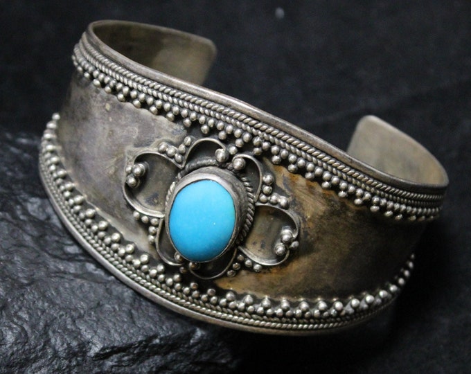 Ornate Sterling Silver Turquoise Cuff Bracelet, Antique Silver Granulation, Vintage Turquoise Sterling Bracelet, Sterling Cuff