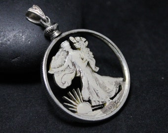 Silver Walking Liberty 1934 Half Dollar Coin Pendant, Walking Liberty Cut Out, America the Beautiful Necklace, Sterling Silver Coin Pendant