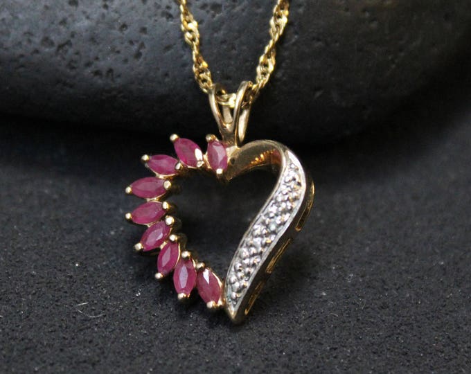 Sterling Silver Gold Overlay Ruby Heart Necklace, Gold Open Heart Necklace, Ruby Heart Pendant, Valentine's Day Heart Necklace