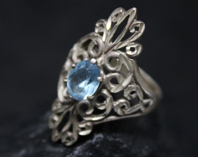 Sterling Silver Filigree Oval Blue Gemstone Cocktail Ring, Sterling Silver Swirl Ring, Silver Blue Gemstone Jewelry, Filigree Jewelry