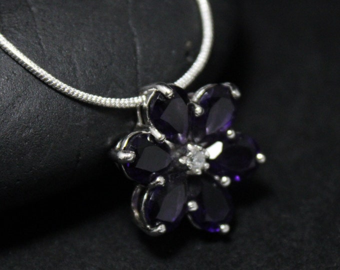 Sterling Silver Purple CZ Floating Flower Necklace, Sterling Flower Necklace, Gemstone Flower, Sterling Purple Gem Necklace, Spring Jewelry