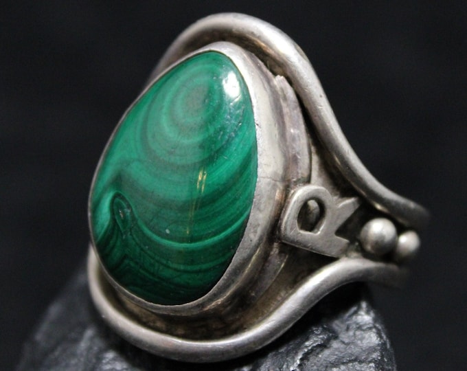 Bold Malachite Vintage Sterling Ring Signed By KR, Vintage 925 Malachite, Men's Malachite Ring Initials R G, Green Biker Ring